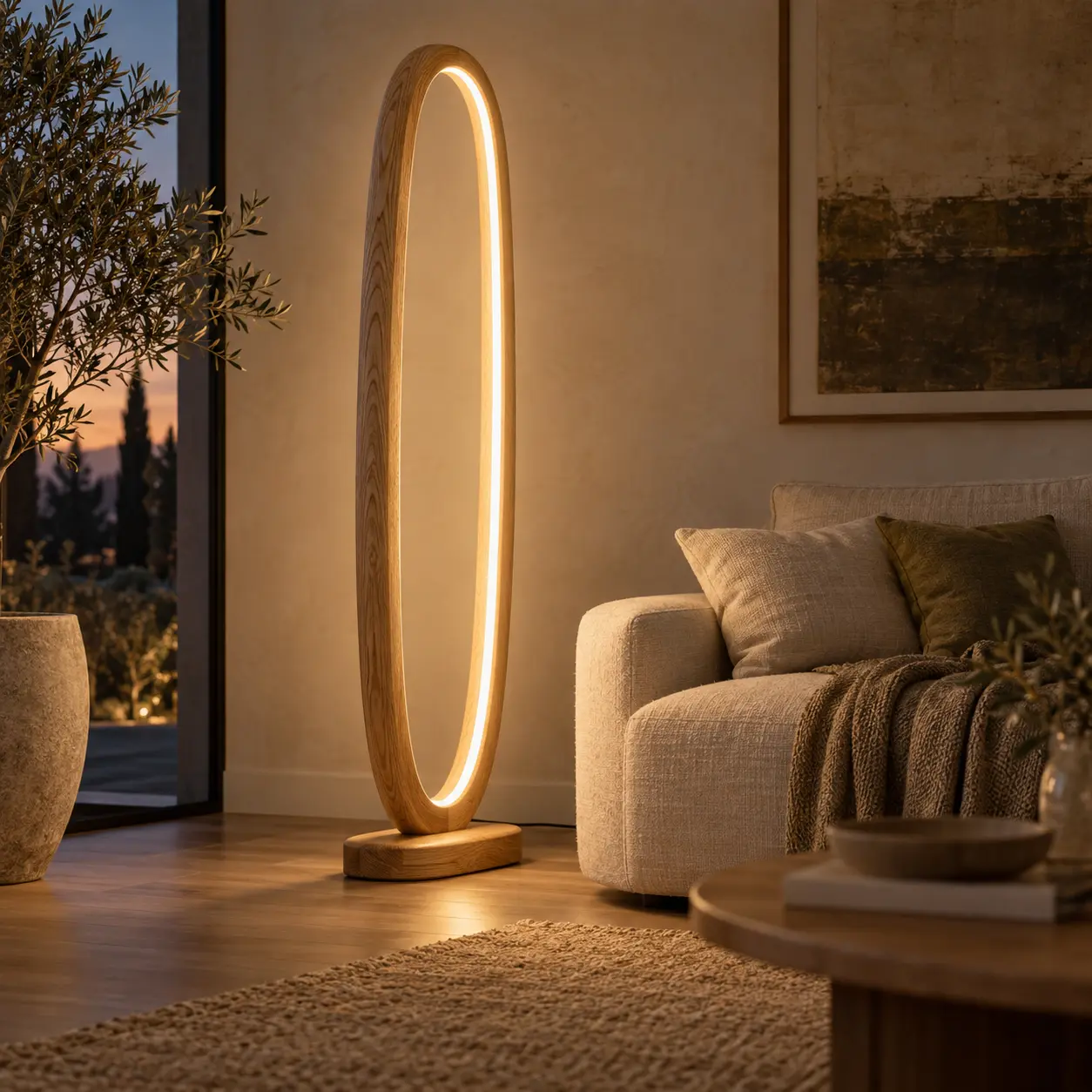Ovale LED-Stehleuchte aus Eiche neben einem Sofa in einem Wohnraum