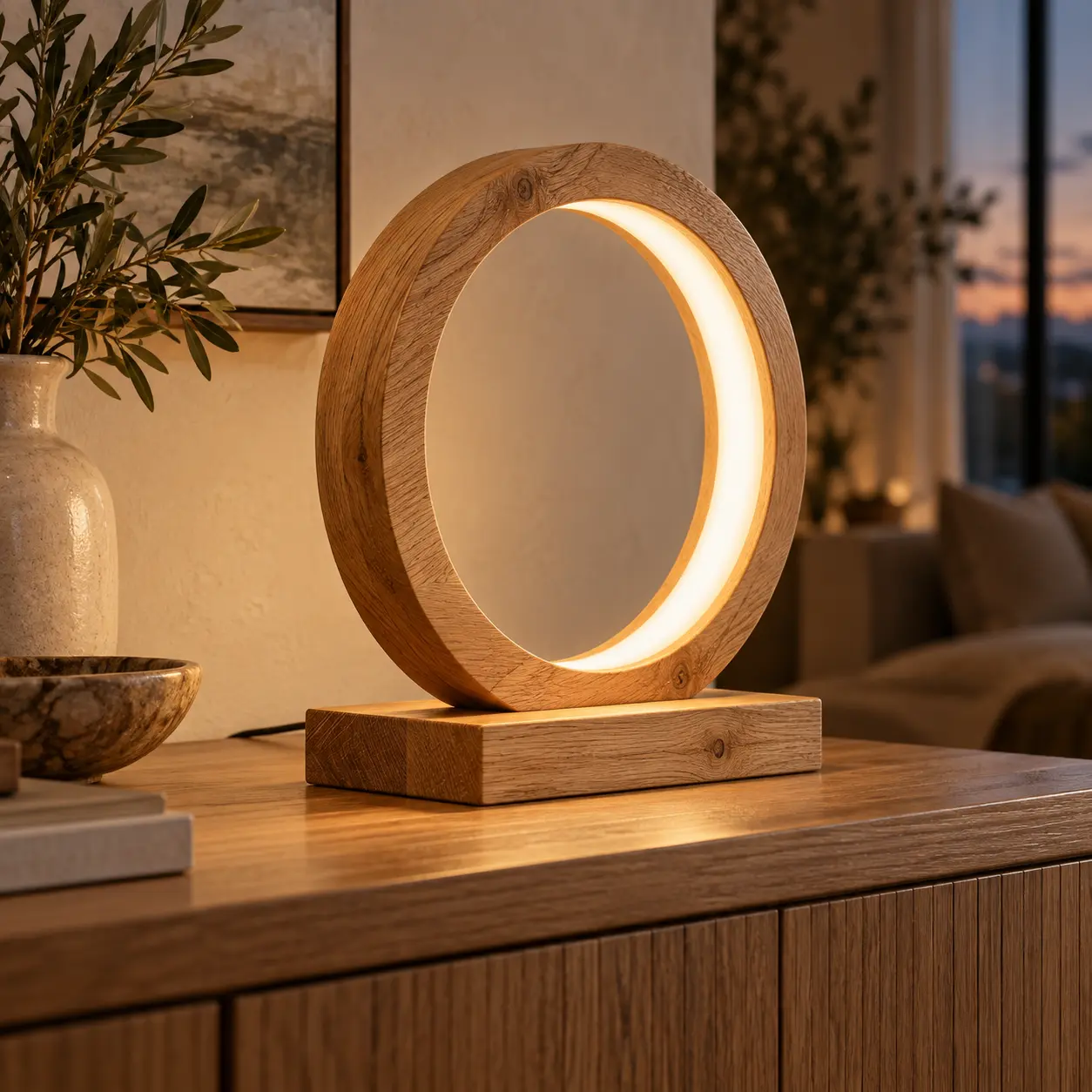 Runde LED-Tischleuchte aus Eiche auf einem Eichen-Sideboard