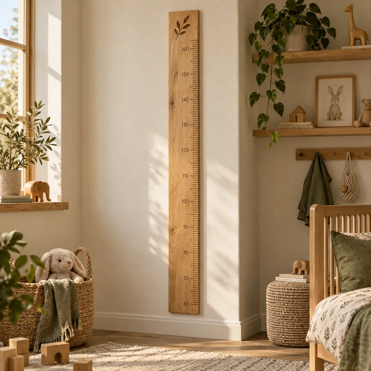 Lange Wachstumsleiste aus Eiche mit Skala und Blattmotiv an einer Kinderzimmerwand