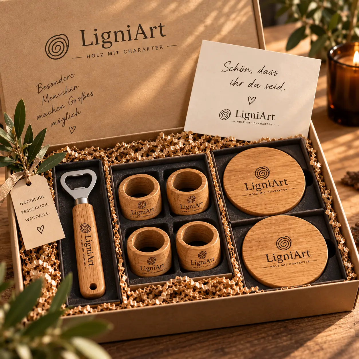 LigniArt-Geschenkbox mit Flaschenöffner, vier Eichenserviettenringen, zwei Untersetzern und Grußkarte