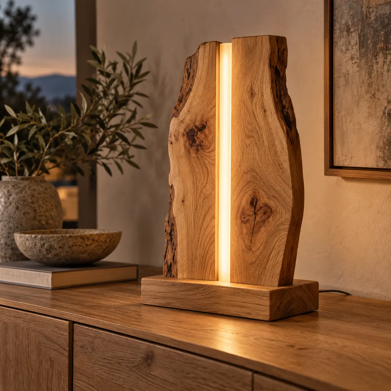 LED-Tischleuchte mit natürlicher Eichenkante auf einem Eichen-Sideboard