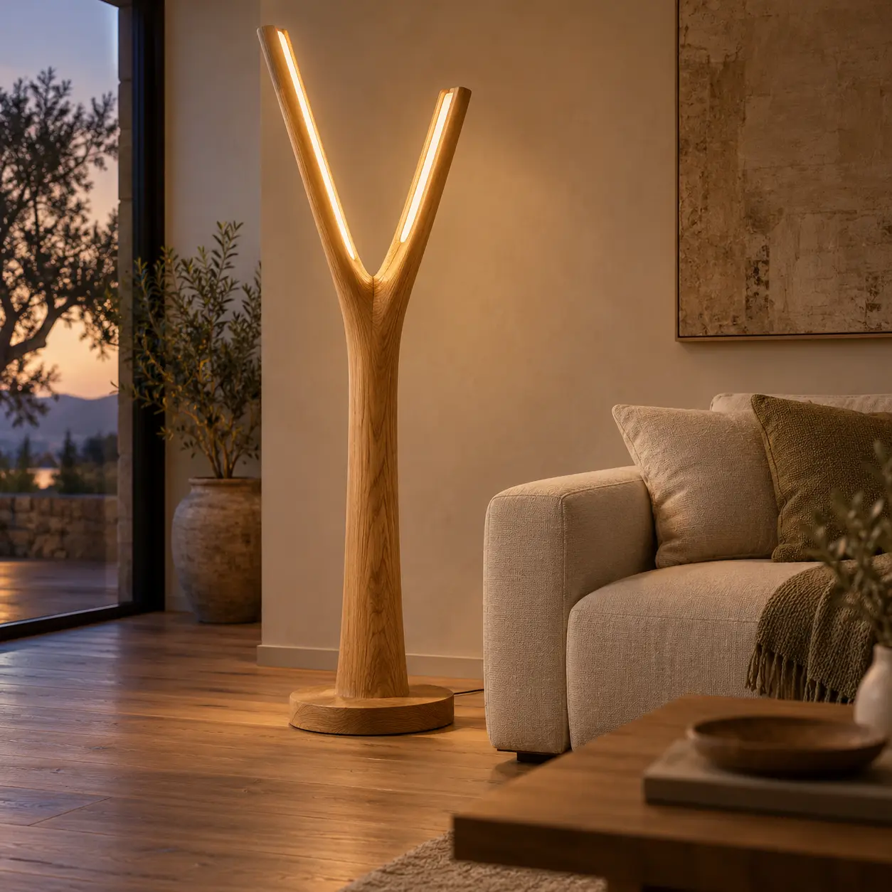 Verzweigte LED-Stehleuchte aus Eiche neben einem Sofa in einem Wohnraum