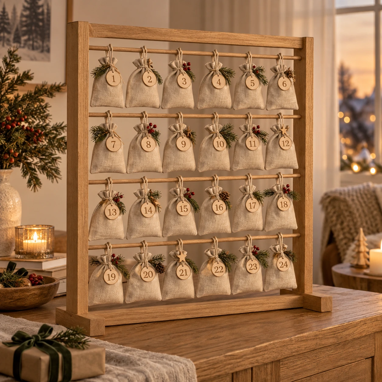 Adventskalender mit Eichenrahmen und 24 nummerierten Leinenbeuteln