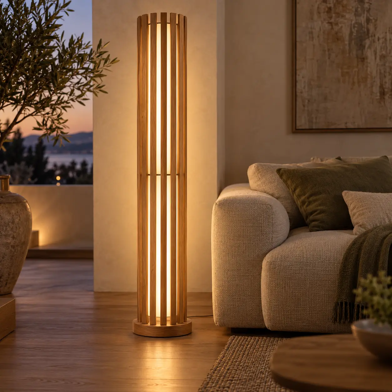 LED-Stehleuchte mit senkrechten Eichenlamellen neben einem Sofa in einem Wohnraum
