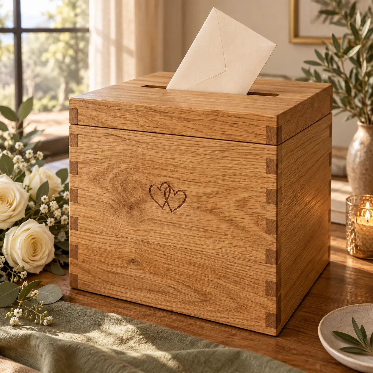 Eichen-Briefbox mit Einwurfschlitz, Umschlag und Herzgravur neben weißen Rosen