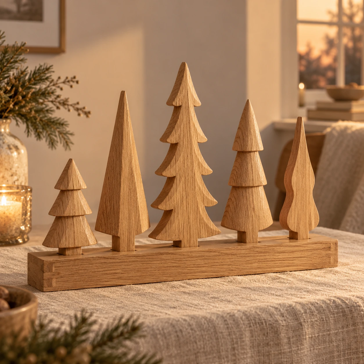 Fünf unterschiedlich große Weihnachtsbäume aus Eiche als Tischdekoration