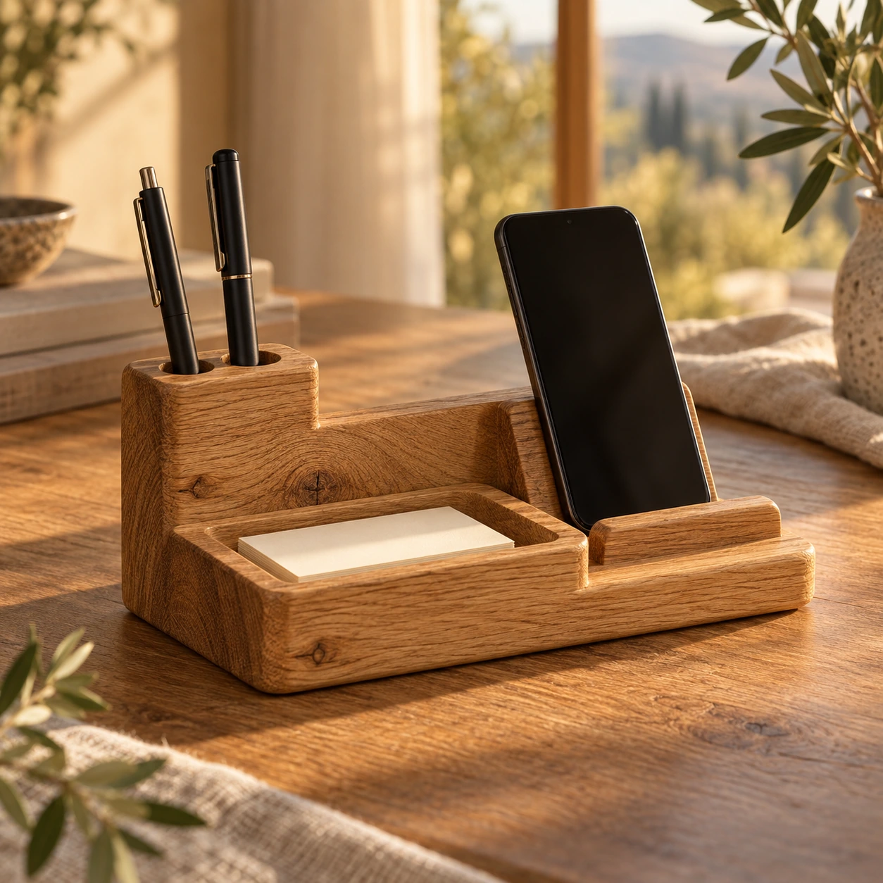 Eichenorganizer mit Stiftefach, Notizablage und Smartphonehalter