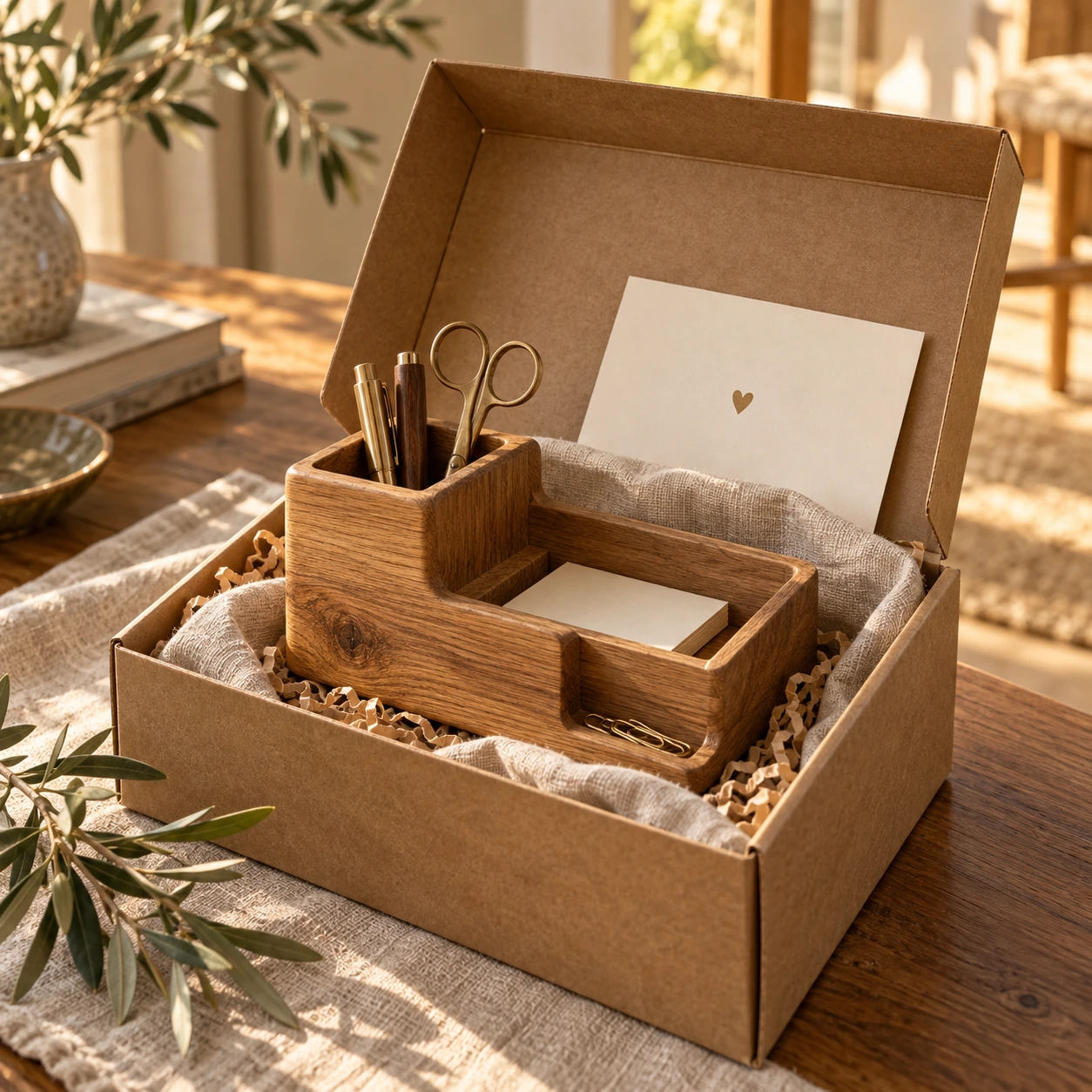 Geschenkbox mit Eichenorganizer, Stiften und heller Karte mit Herzmotiv