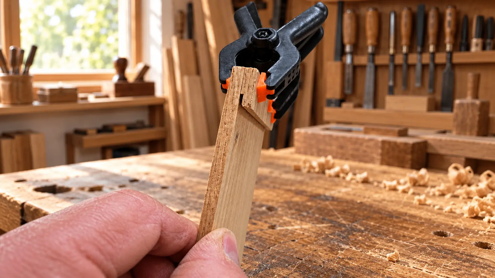 Nahaufnahme der Führung zwischen Holzplatte und Halteleiste mit Federklemme
