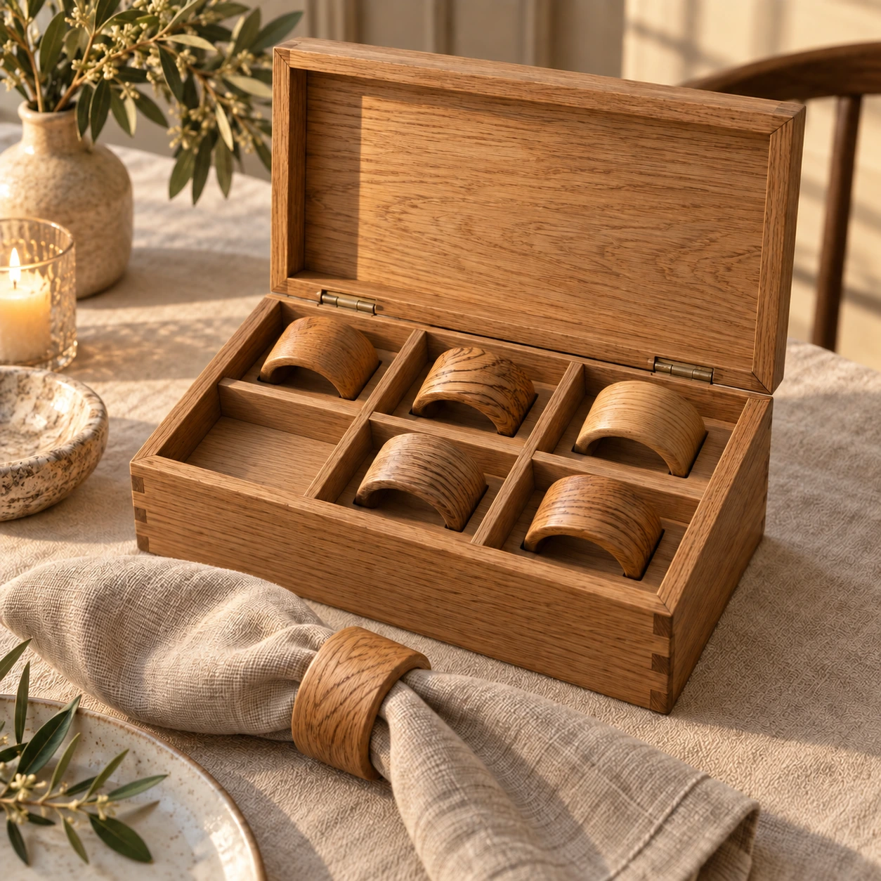 Sechs Serviettenringe aus Eiche, davon fünf in einer Holzbox und einer um eine Leinenserviette
