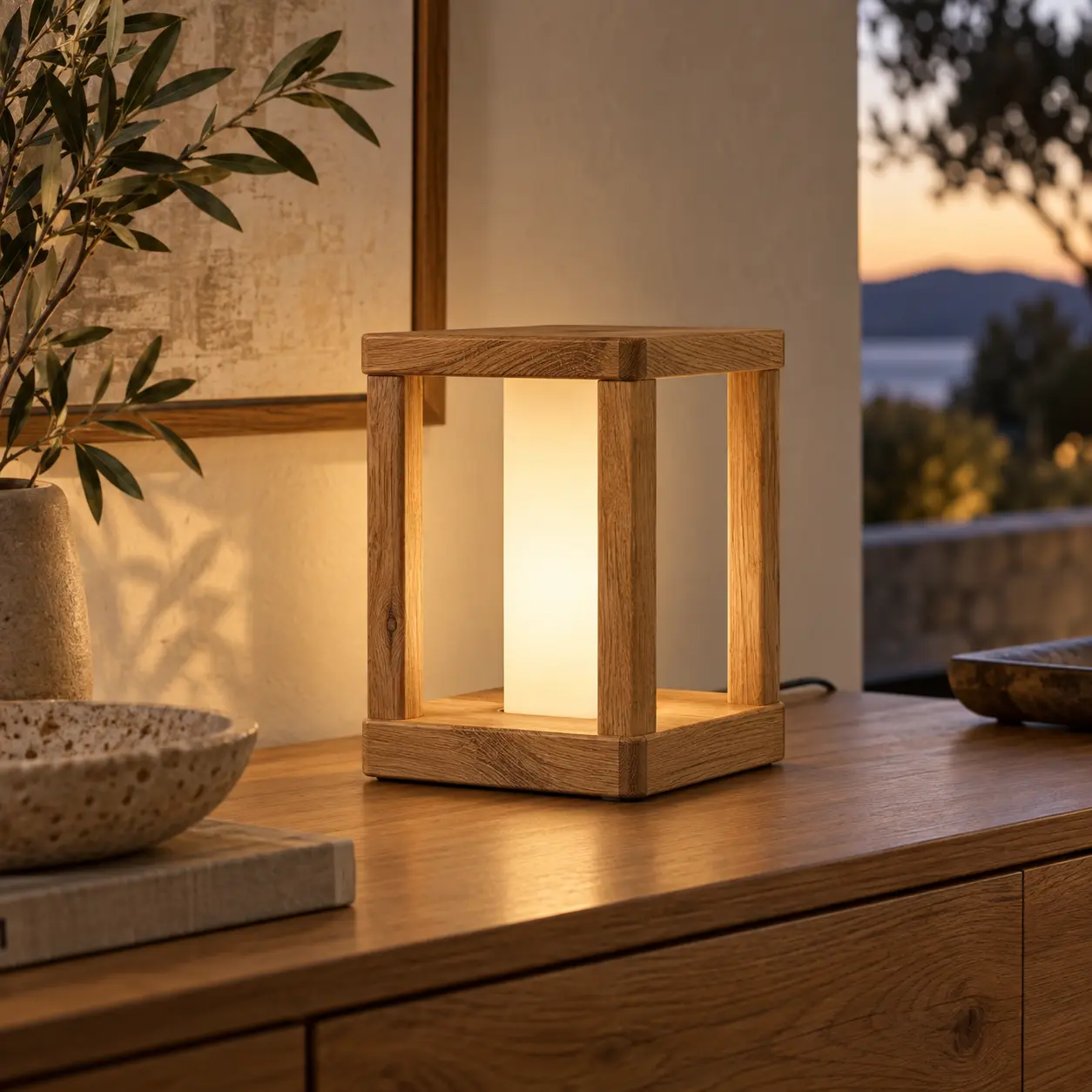 LED-Tischlaterne mit Eichenrahmen auf einem Eichen-Sideboard