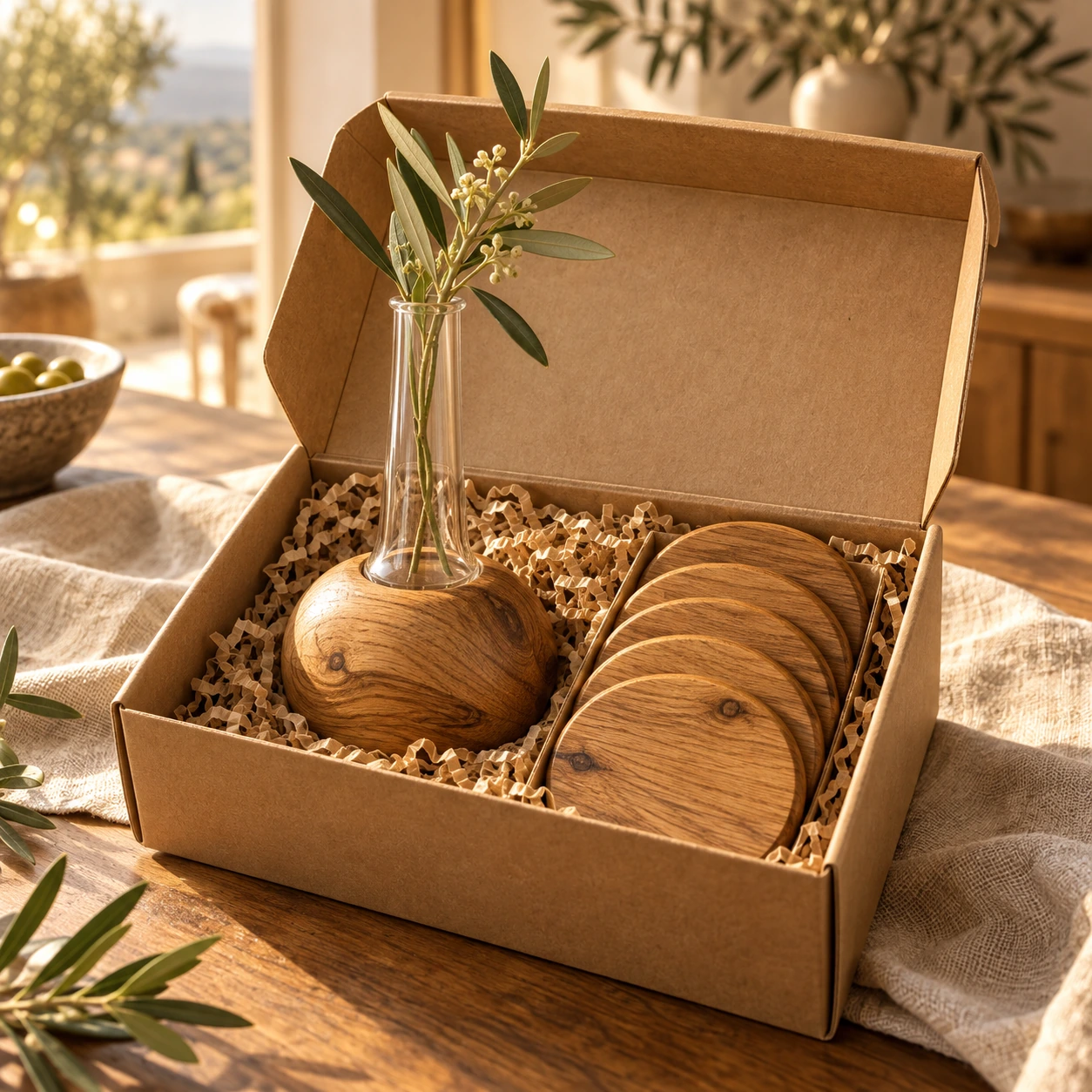 Offene Geschenkbox mit Glasvase im Eichensockel und fünf runden Holzuntersetzern