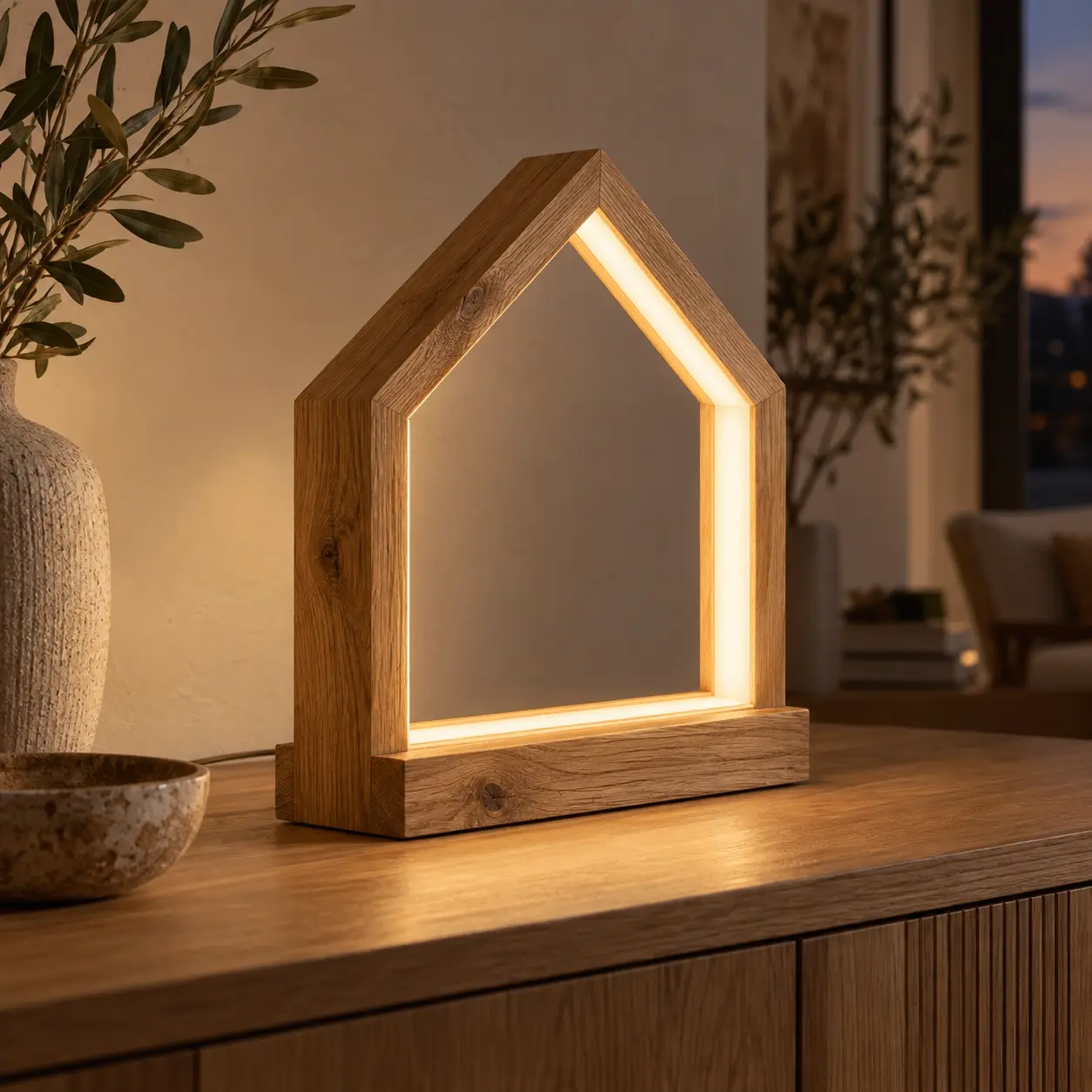 Hausförmige LED-Tischleuchte aus Eiche auf einem Eichen-Sideboard