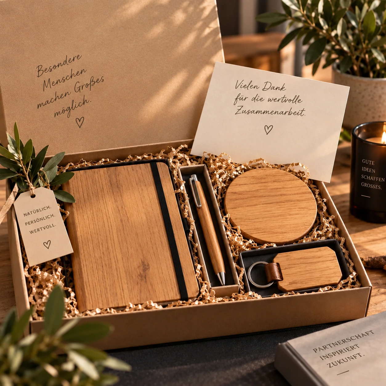 Geschenkbox ohne Branding mit Notizbuch, Stift, rundem Untersetzer, Schlüsselanhänger und Dankeskarte