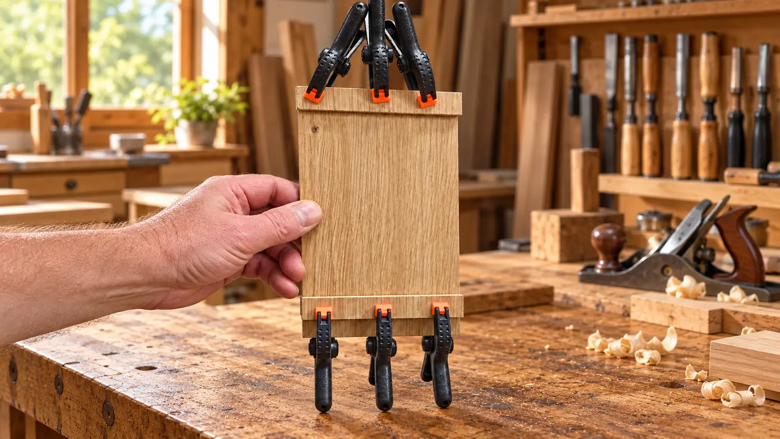 Holzplatte mit oberer und unterer Halteleiste, von sechs Federklemmen gehalten, in einer Werkstattszene