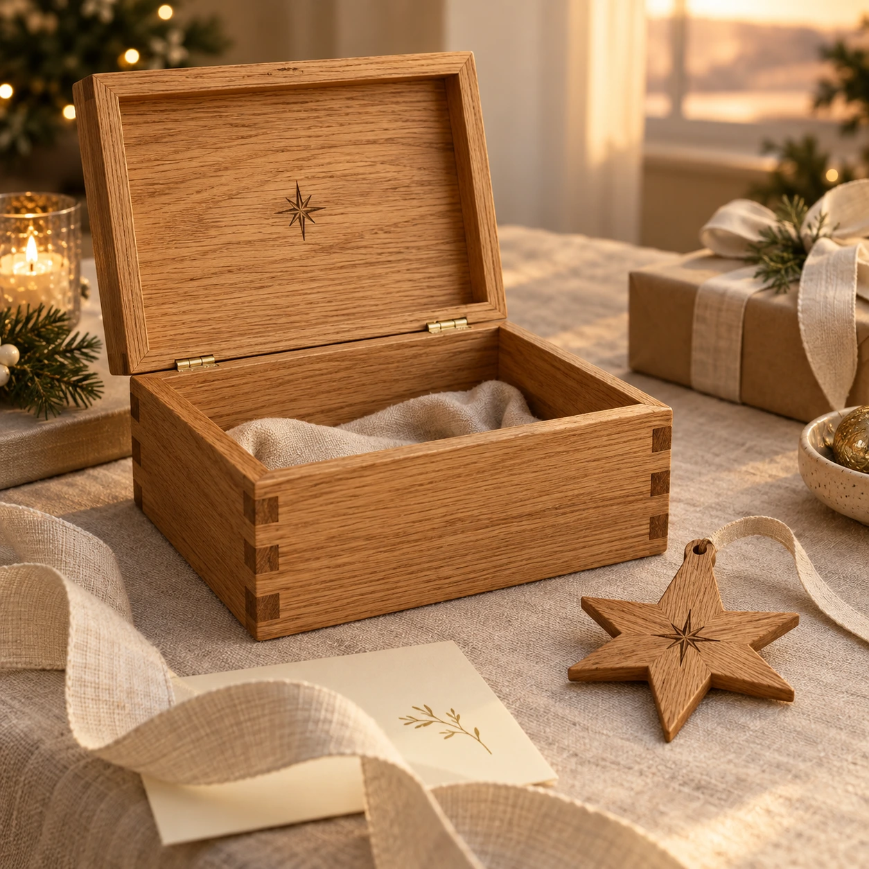 Geöffnete Eichenbox mit Erinnerungsstücken zum ersten Weihnachten und Holzstern