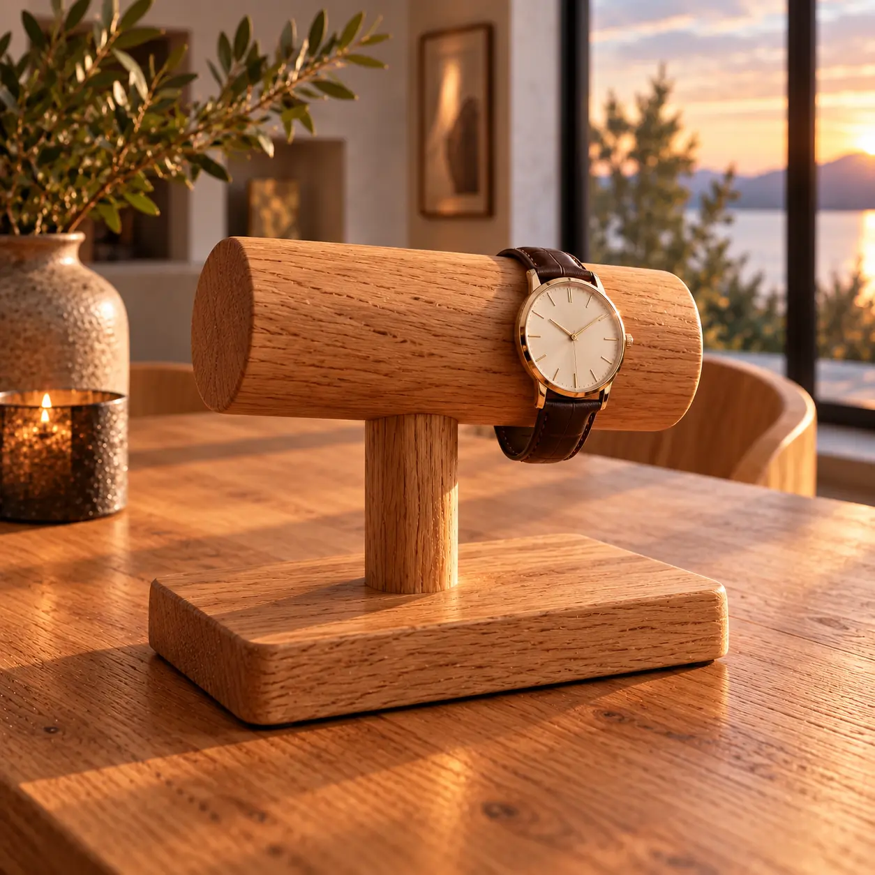 Uhrenhalter aus Eiche mit gerundetem Querträger und einer Armbanduhr