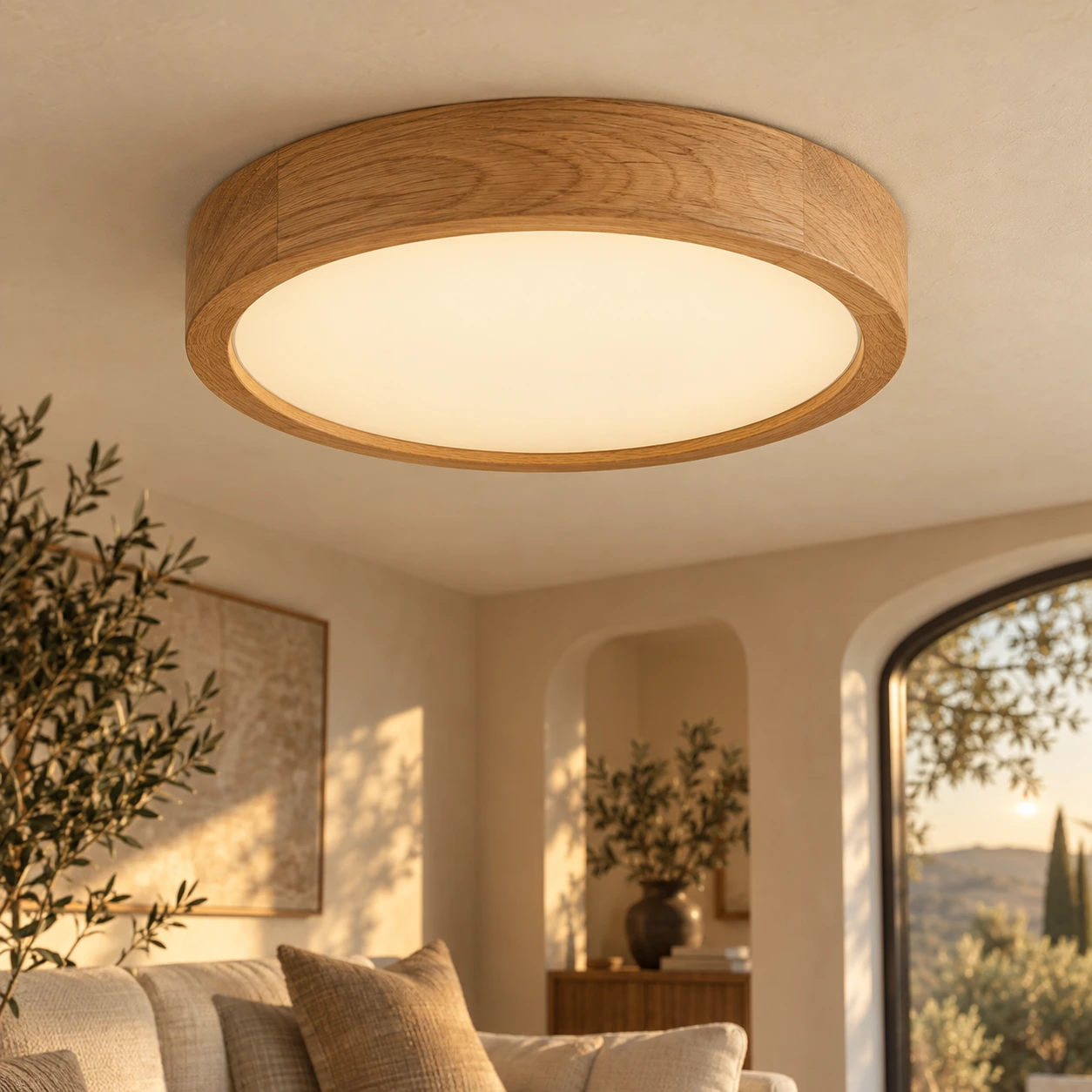 Flache runde LED-Deckenleuchte mit Eichenrahmen und opalem Diffusor