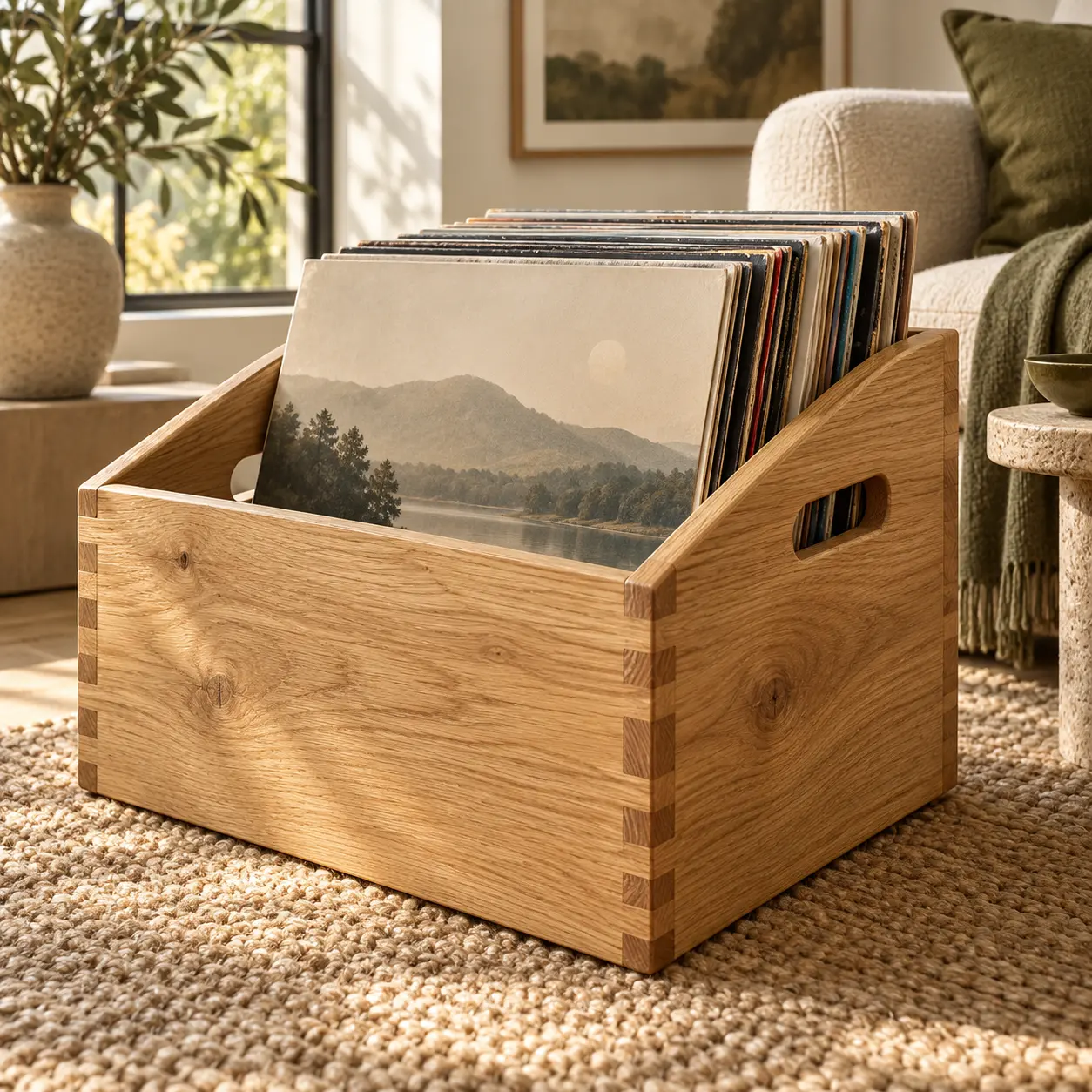Offene Eichenbox mit Schallplatten, abgeschrägten Seiten und Griffausschnitten