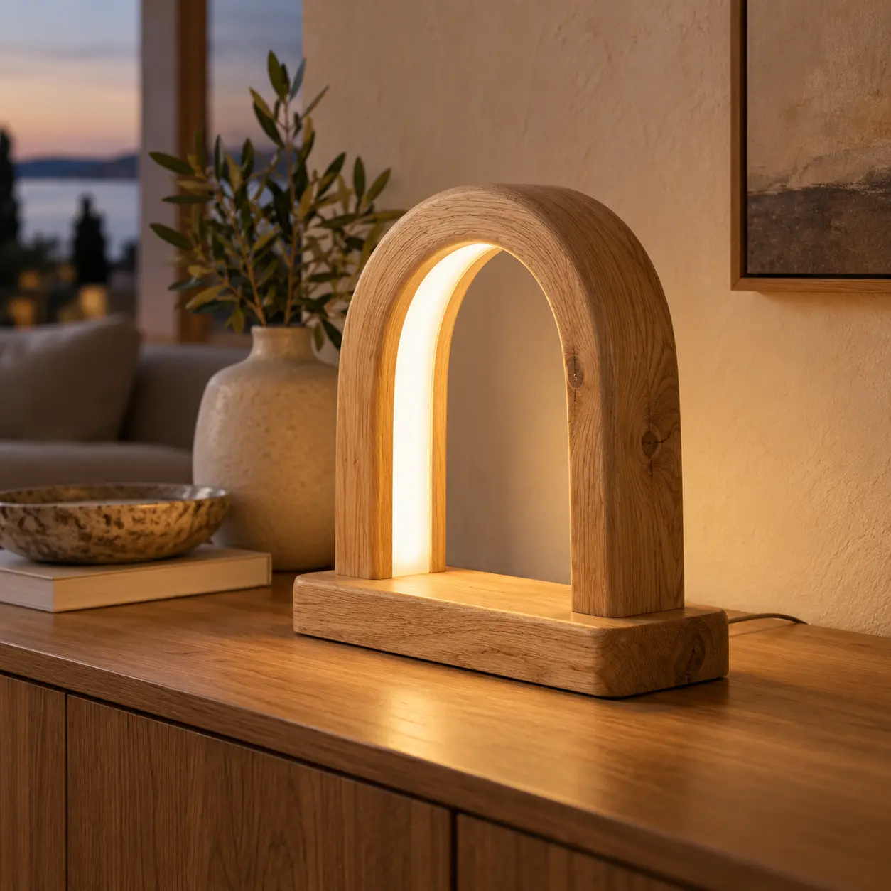 Bogenförmige LED-Tischleuchte aus Eiche auf einem Eichen-Sideboard
