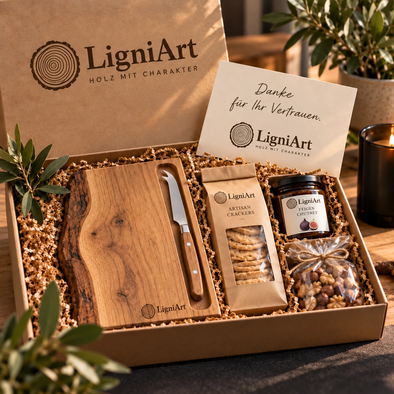 Offene LigniArt-Geschenkbox: Käse & kleine Begleiter mit Eiche und ausgewählten Beigaben