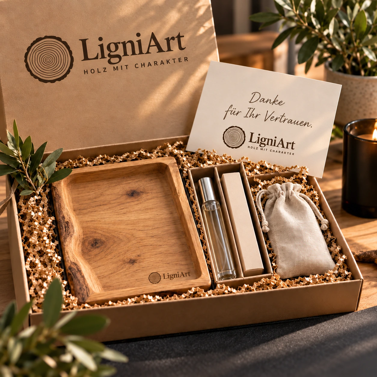Offene LigniArt-Geschenkbox: Duft & Ordnung mit Eiche und ausgewählten Beigaben