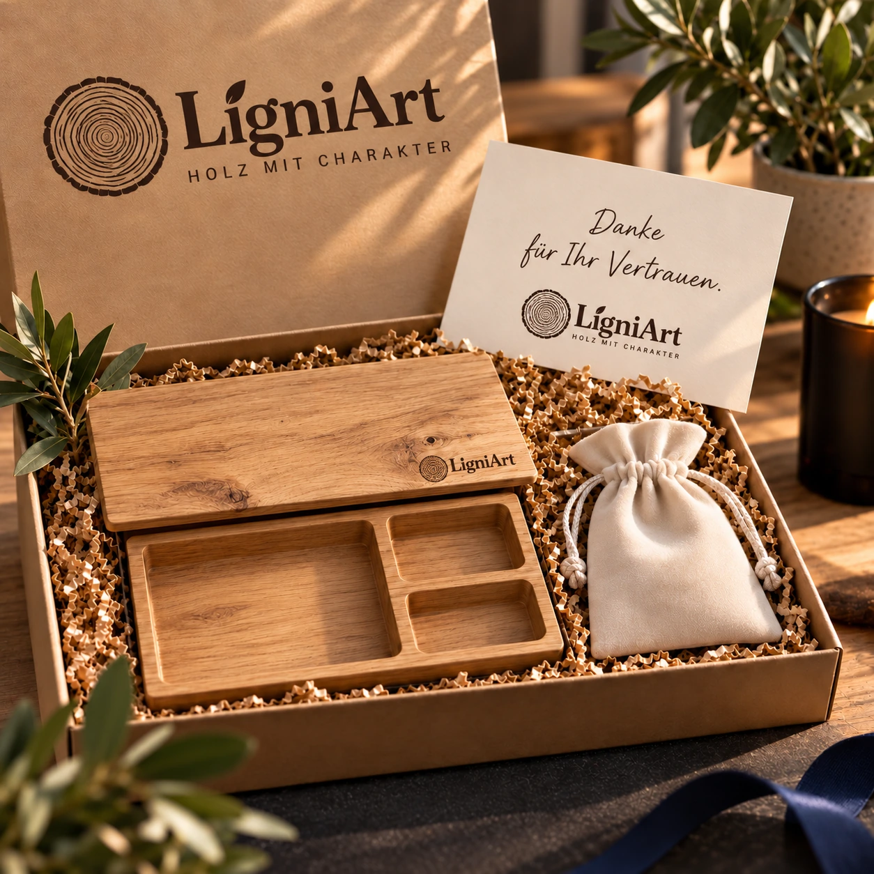 Offene LigniArt-Geschenkbox: Schmuck & Erinnerungen mit Eiche und ausgewählten Beigaben