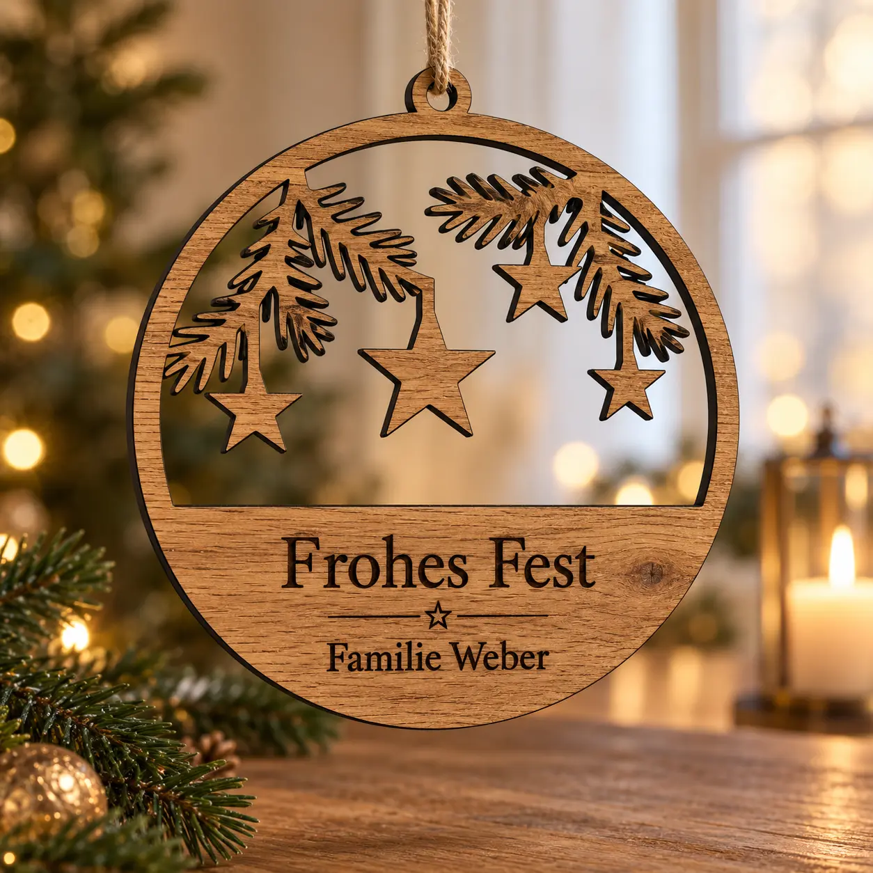 Runder Weihnachtskranz mit Sternen, Zweigen und Gravur Frohes Fest Familie Weber