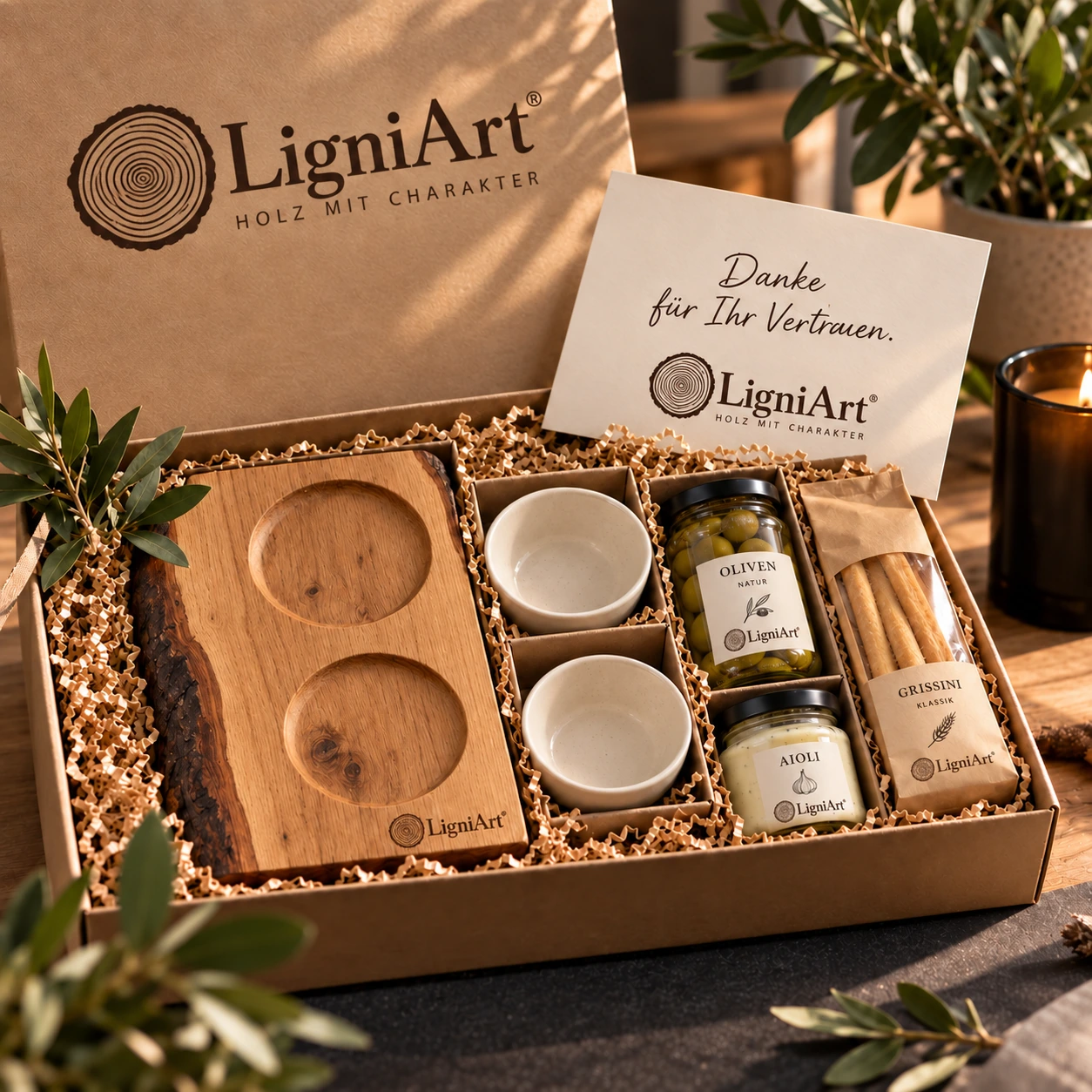 Offene LigniArt-Geschenkbox: Tapas-Duo mit Eiche und ausgewählten Beigaben