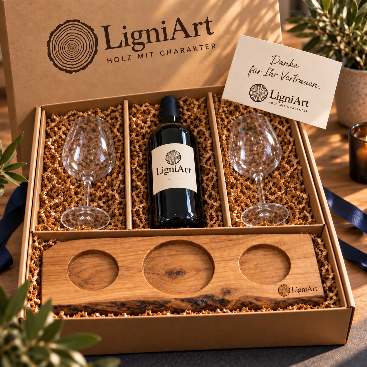 Offene LigniArt-Geschenkbox: Wein & zwei Gläser mit Eiche und ausgewählten Beigaben