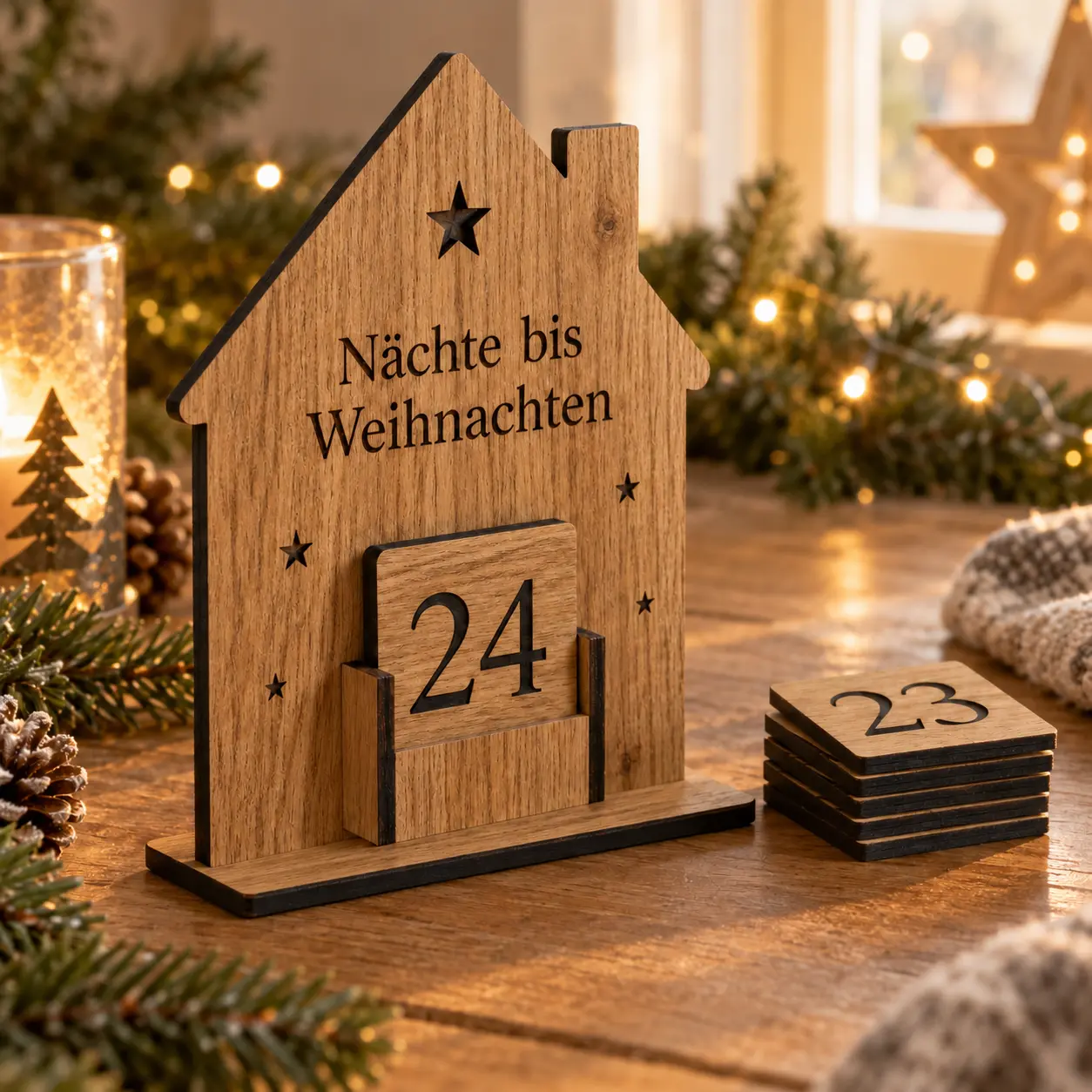 Hausförmiger Weihnachtscountdown mit kräftigem Eichenfurnier, schwarzen Kanten und austauschbarer Zahl 24