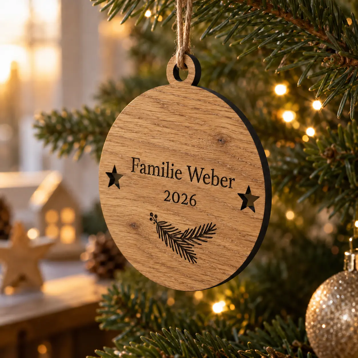 Runder Weihnachtsanhänger mit Eichenmaserung, kleinen Aststellen und Gravur Familie Weber 2026