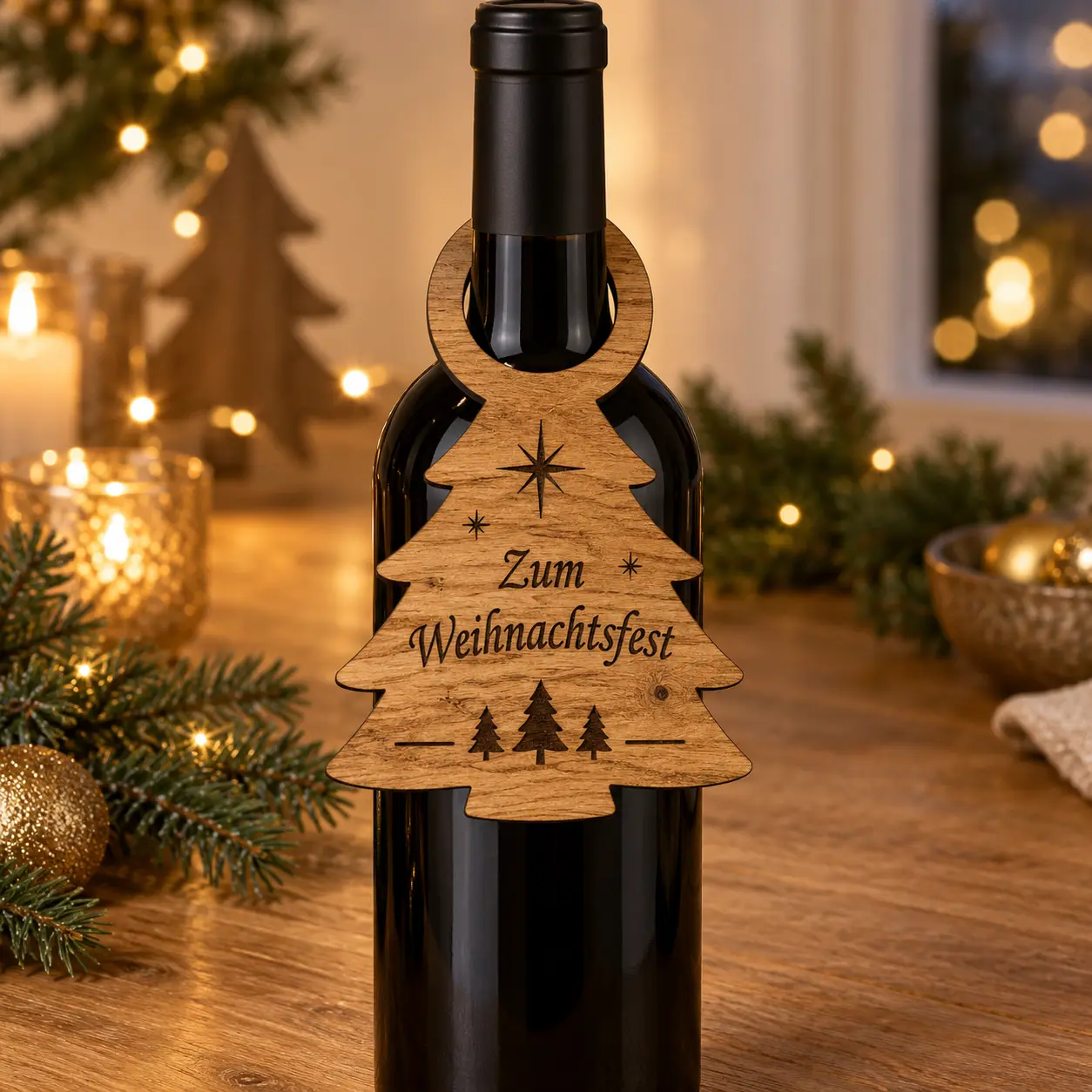 Flaschenanhänger mit Tannenmotiv und Weihnachtsgravur aus Eichenfurnier