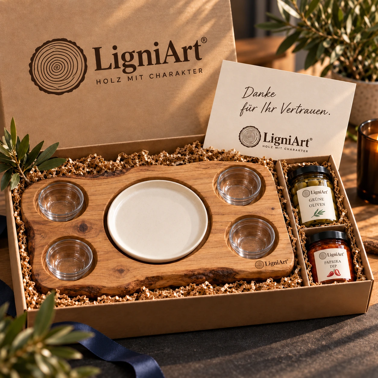 Offene LigniArt-Geschenkbox: Das persönliche Tapasbrett mit Eiche und ausgewählten Beigaben