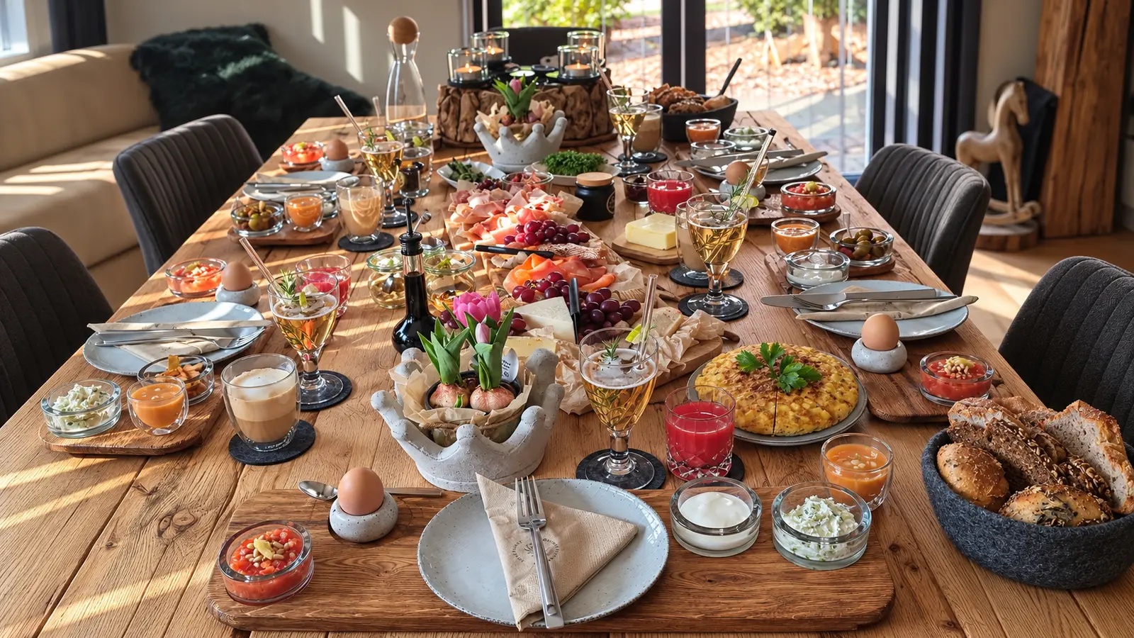 Lange Tafel mit individuellen Eichenbrettern, Tapas und Geschirr an jedem Platz
