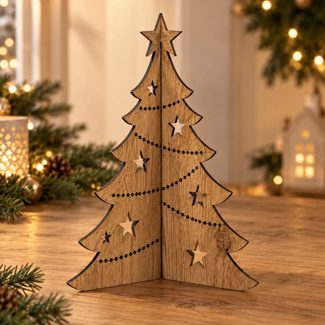 Tannenbaum aus zwei gekreuzten Eichenfurnierplatten mit Sternöffnungen und schwarzen Kanten