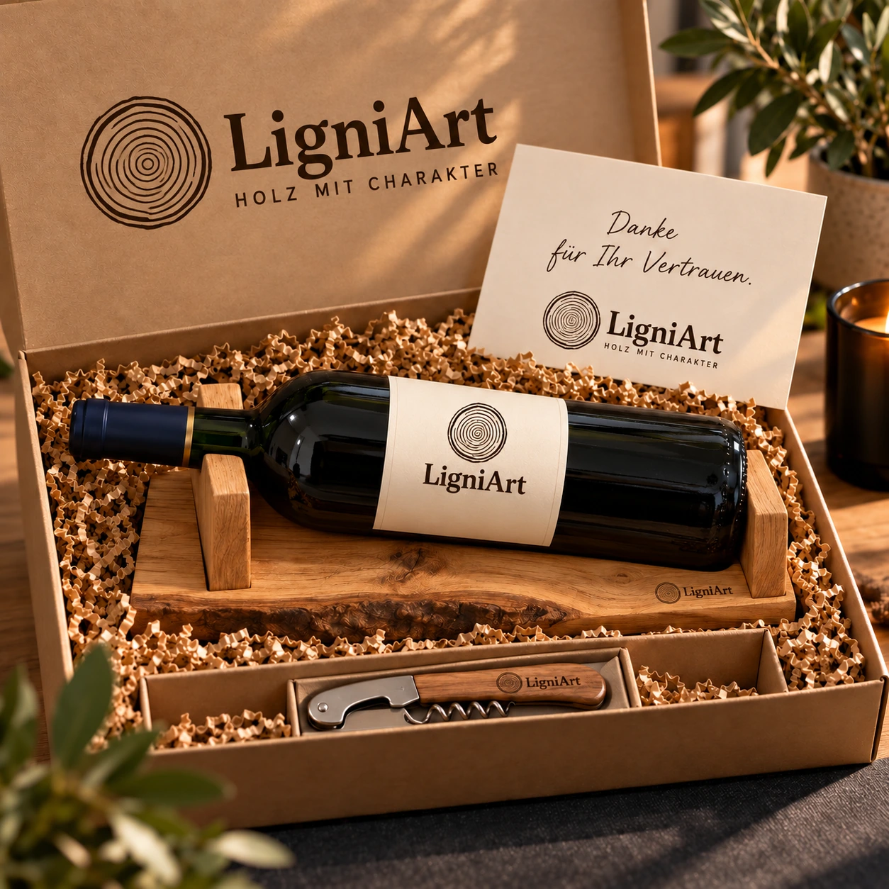 Offene LigniArt-Geschenkbox: Wein in guter Gesellschaft mit Eiche und ausgewählten Beigaben